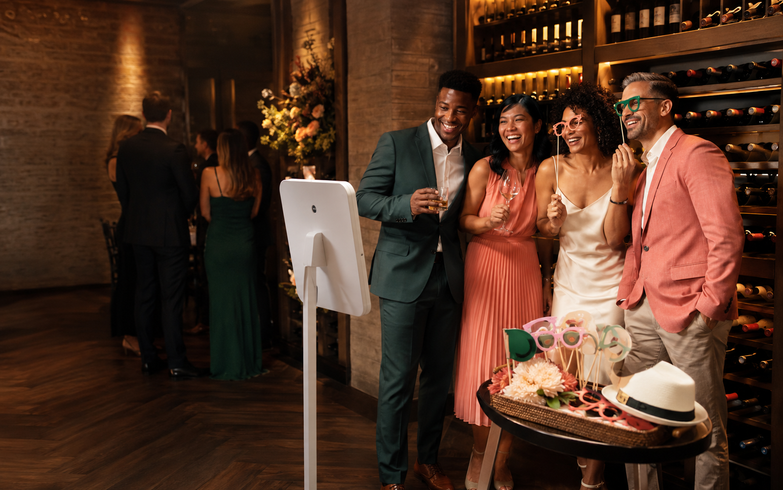 Guests enjoying a selfie station in an elegant restaurant wine room